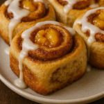 Peach Cobbler Cinnamon Rolls with Buttery Crumble and Vanilla Glaze