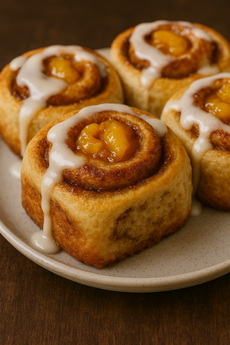 Peach Cobbler Cinnamon Rolls with Buttery Crumble and Vanilla Glaze