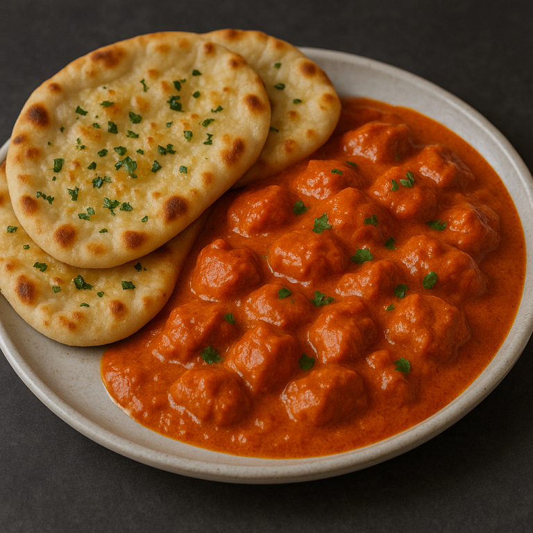 Creamy Butter Chicken with Soft Garlic Naan Bread