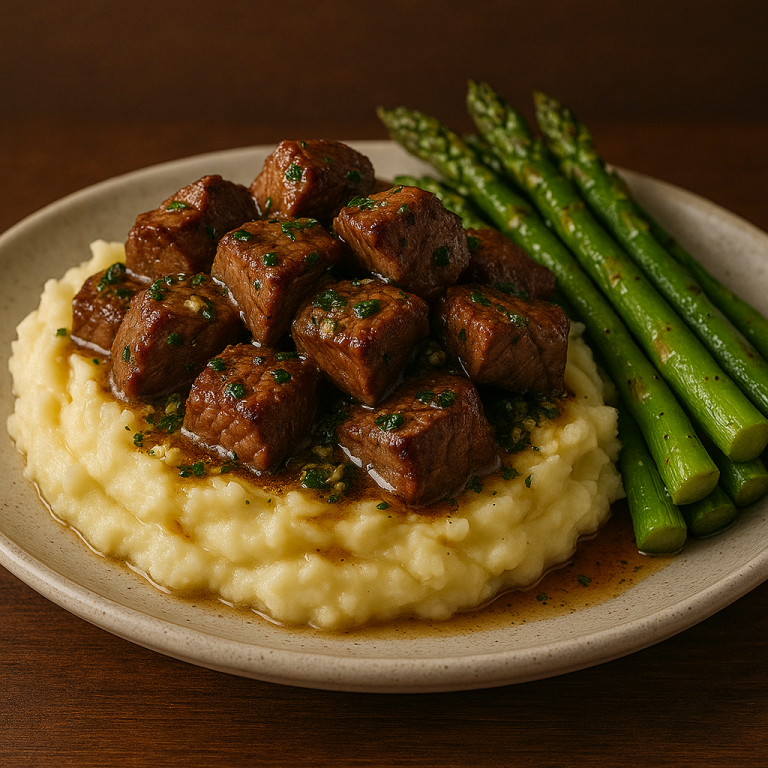 Garlic & Herb Butter Steak Bites Over Mashed Potatoes with Asparagus
