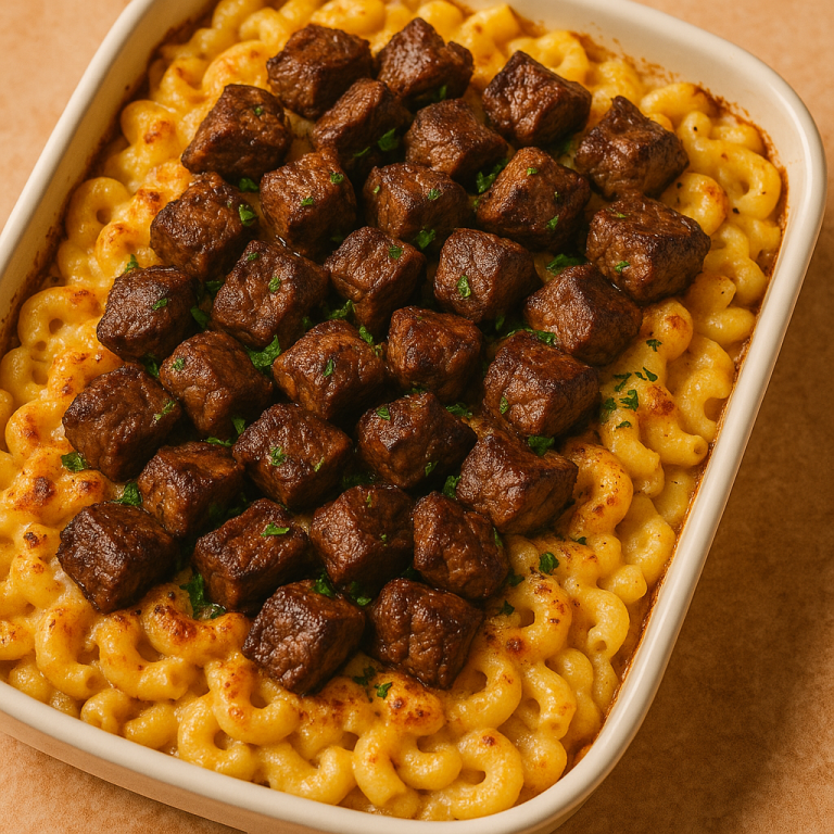 Steak Bites on Top of Creamy Baked Mac and Cheese: The Ultimate Comfort Food Power Combo